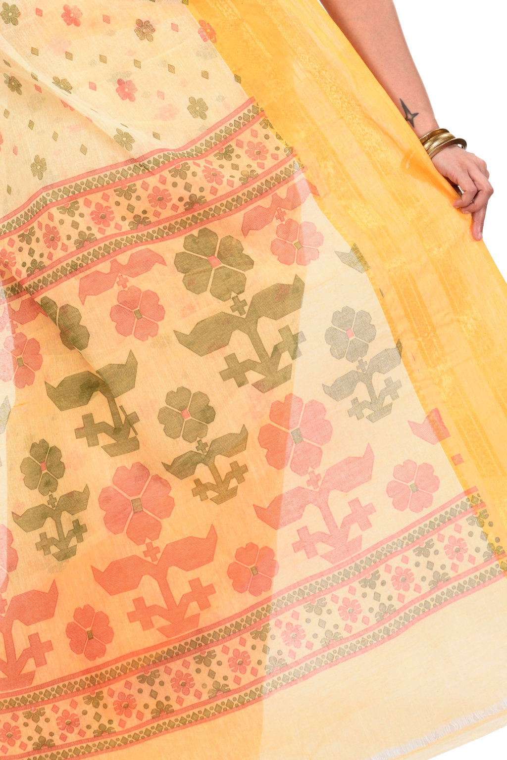 Yellow Pure Cotton FullBall Print Tant Saree Print (430)